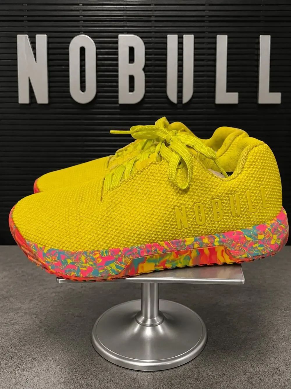 NOBULL Neon Yellow Knit Training Shoes Rainbow Marble Sole Women’s Sz 7.5